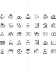 Minimalist Line Art Icon Set: Healthcare, Finance, and Business Symbols.