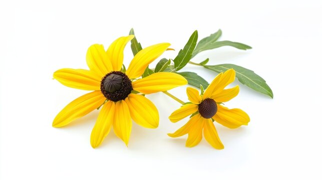 Bright yellow rudbeckia on white surface for interior styling, stock photography, and social media visuals - Powered by Adobe