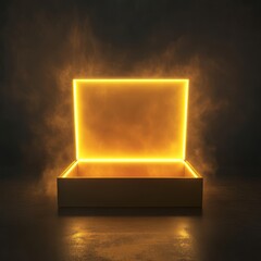 An empty open luxury box in a dark studio filled with cyberpunk gold neon reflections and faint atmospheric haze.