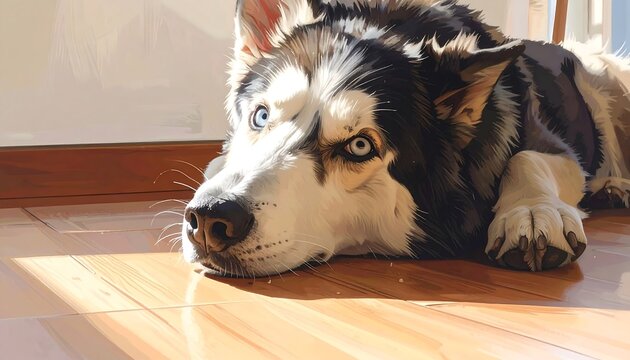 Detailed digital painting of a serene husky dog basking in gentle sunlight