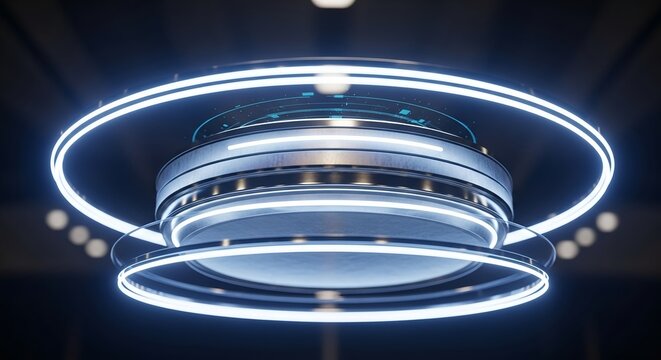 Abstract futuristic product podium levitating with glowing neon rings and technological elements