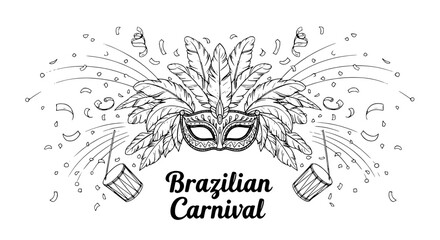 Hand-drawn vector illustration of a Brazilian Carnival or Mardi Gras celebration featuring an ornate mask with feathers, drums, and confetti; perfect for party invitations, cultural event designs, or 