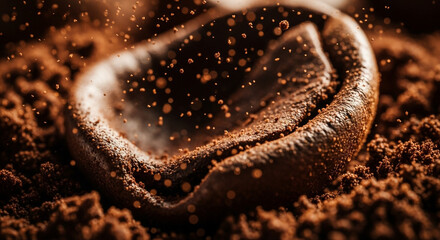 Macro view of a single, rich coffee bean amidst finely ground coffee particles, creating a warm, inviting aroma and a stimulating visual experience.