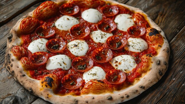 Pepperoni pizza with mozzarella on rustic wooden surface for breakfast menu ads, cafe promotions, food blogs, delivery banners, and recipe content