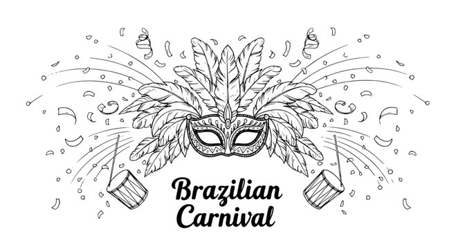 Hand-drawn vector illustration of a Brazilian Carnival or Mardi Gras celebration featuring an ornate mask with feathers, drums, and confetti; perfect for party invitations, cultural event designs, or 
