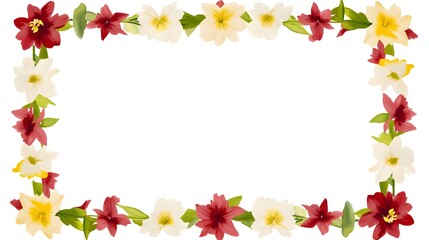 Watercolor style border design featuring assorted red, white, and yellow blossoms and green leaves surrounding a central blank space.