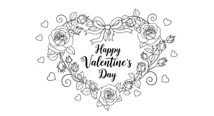 Happy Valentine's Day detailed floral heart wreath coloring page vector art line drawing illustration in black and white for greeting cards, invitations, love, romance, wedding, anniversary, engagemen