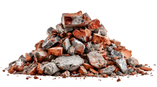 Pile of broken bricks and concrete rubble isolated on transparent background