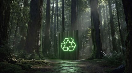 futuristic digital composition featuring a glowing green recycling symbol floating in a virtual forest landscape, combining technology and nature to promote digital sustainability. Copy space 