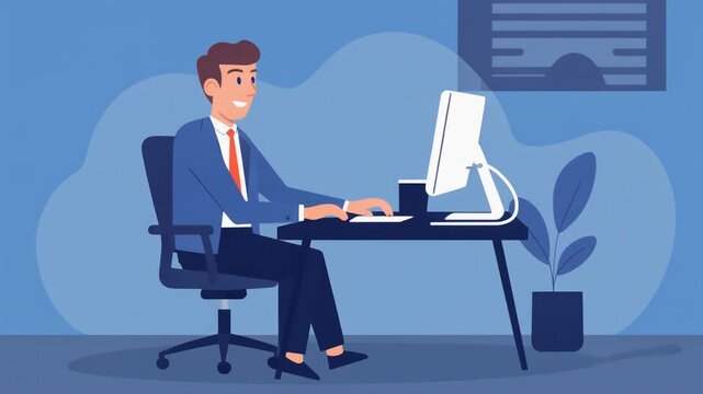 Man working at computer in office cartoon illustration.