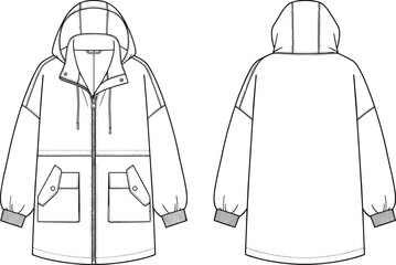 Oversized hooded parka fashion CAD drawing flat vector illustration, zip up jacket with flap pockets, ribbed cuffs, technical sketch template. © MdNur