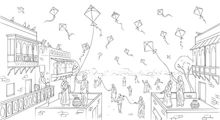 Vibrant community celebration: people of all ages gather on rooftops to fly colorful kites against a clear sky, enjoying a traditional festival day in an Indian or Pakistani town.