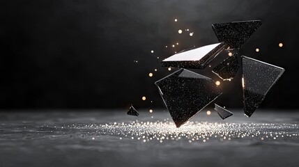 Abstract composition of sharp, dark, geometric fragments suspended in the air, with small golden particles scattered around and on the textured ground. The ligh