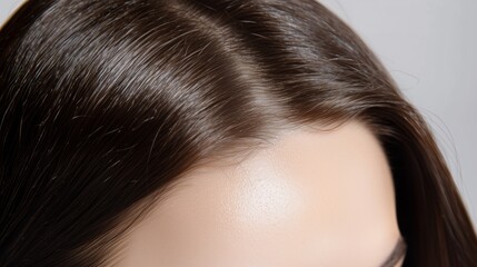 Close-up of thick healthy hair and clean parting on forehead for hair care ads, scalp treatment content, and beauty wellness campaigns