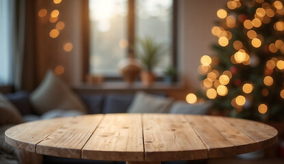 Empty round wooden table with blurred christmas tree in living room