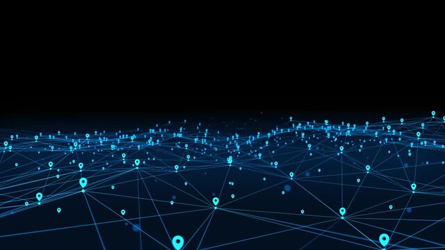 location map net city location animation Neon animated background Movement plexus glow lines, network wave connection particles, dots. Digital network, communication Technology, medicine, 4k