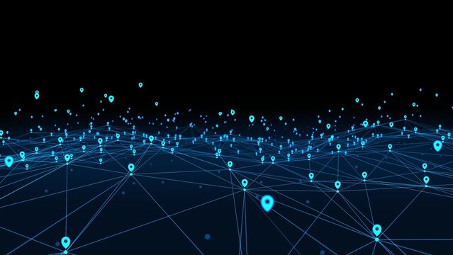 location map net city location animation Neon animated background Movement plexus glow lines, network wave connection particles, dots. Digital network, communication Technology, medicine, 4k