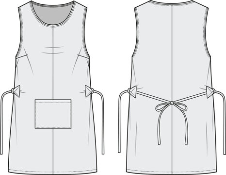 Bib apron technical flat sketch vector, front and back view, uniform smock with patch pocket and waist ties, apparel design template for chef or workwear