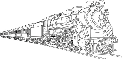 Perspective view of vintage steam train locomotive with passenger wagons, black and white vector outline illustration for coloring book page design.