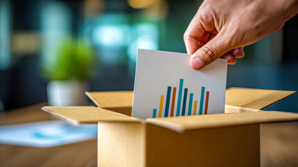 Hand placing a printed bar chart into a cardboard box symbolizing business data storage and organization in a contemporary office environment