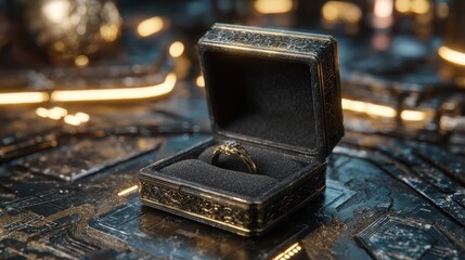 An open luxury ring box displayed in a cyberpunk studio environment with black metallic surfaces and glowing gold neon accents. 