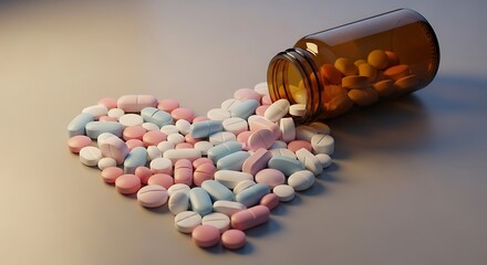 Heart-shaped arrangement of colorful pills spilling from overturned bottle