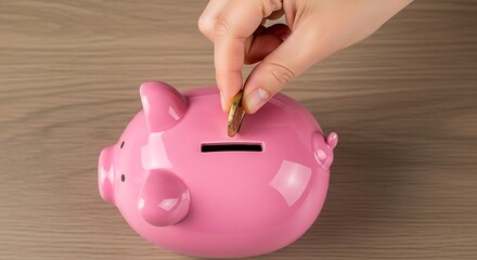 A person's hand deposits a golden coin into the slot of a pink ceramic piggy bank, set on a wooden surface