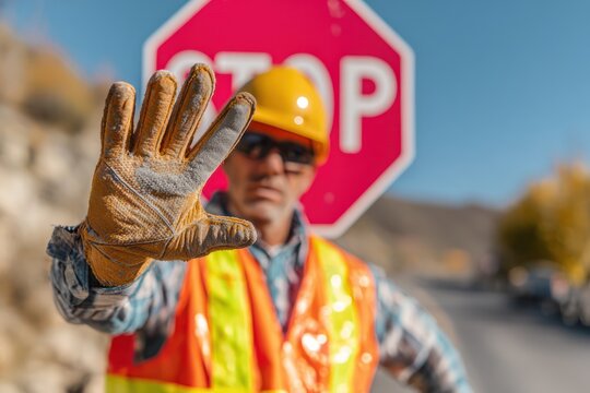 Construction Worker with Stop Sign and Hand Signal on Roadside