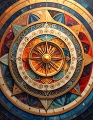 Obraz premium A captivating, symmetrical circular design with ornate detailing, featuring vibrant colors, textures, and a central star motif