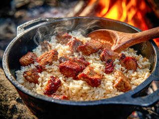 Steaming savory pieces of grilled meat mixed with seasoned rice cooking in a cast iron pot over an open fire outdoors with wooden spoon nearby