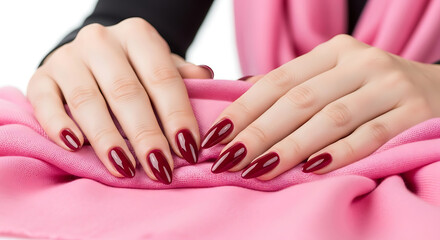 Woman's hands with dark red stiletto nails on pink fabric