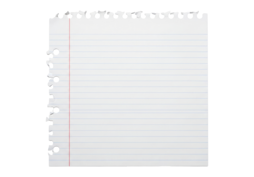 Empty Notebook Paper With Torn Spiral Edge for Writing, Cut Out, Clipping Path, Isolated on a Transparent PNG Background.