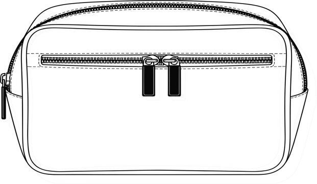 Toiletry bag technical flat sketch vector, zipped rectangular pouch template, dopp kit or accessories case for travel, cosmetic, and luggage design mockup