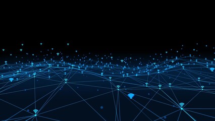 wifi warless network internet Neon animated city broadband background Movement plexus glow lines, network wave connection particles, dots. Digital network, communication Technology, background 4k © RIHAN