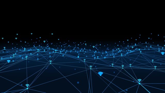 wifi warless network internet Neon animated city broadband background Movement plexus glow lines, network wave connection particles, dots. Digital network, communication Technology, background 4k