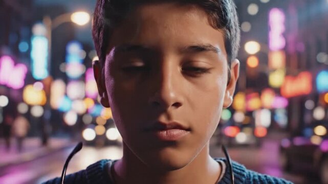 Young boy removes foggy glasses to see clearly in an urban night setting, representing clarity concept and new perspective