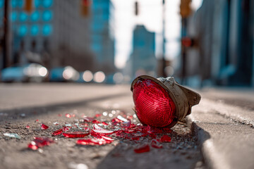 Red broken traffic signal light laying on city street pavement with scattered shattered glass reflecting sunlight in urban environment during daytime