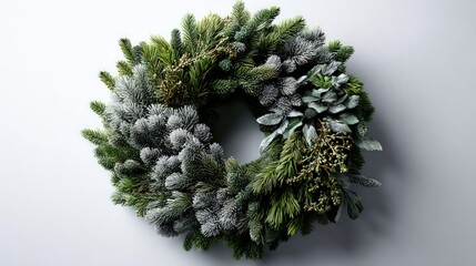 Natural evergreen decoration displays varied textures and frosted elements against a light background