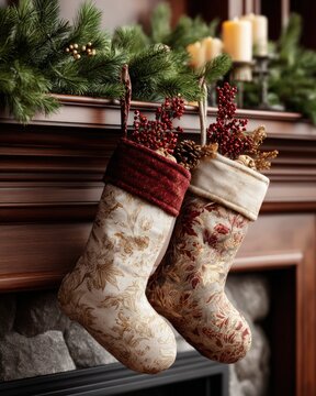 Two decorative holiday stockings filled with winter berries hang from a wooden mantelpiece
