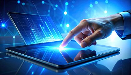 Digital Interface: A hand interacts with a digital interface, symbolizing the ever-evolving world of technology, with the tablet device as the focal point, bathed in a futuristic blue glow.