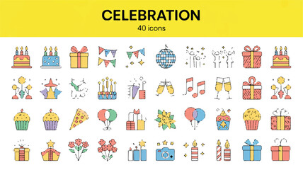 A vibrant set of celebration and party icons arranged in a clean grid layout. This collection features colorful vector symbols for birthdays, holidays, and special events