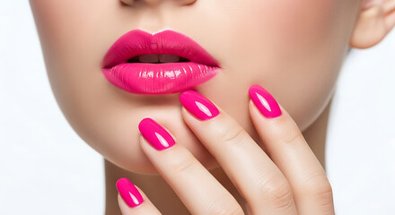 Obraz premium Pink lips and manicured nails close up mouth lipstick