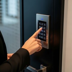 A person's hand typing a code on a digital keypad built into a black door to unlock access