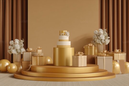 Golden Centerpiece Podium for Birthday Cake and Presents