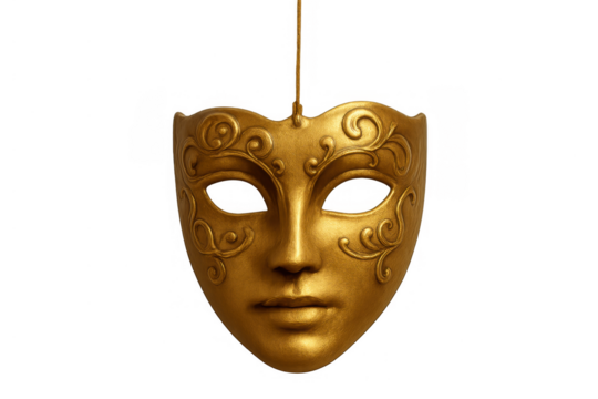 Golden venetian carnival mask hanging, symbolizing mystery, disguise, masquerade ball, and traditional celebration on transparent background