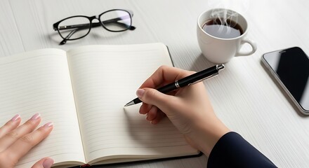 A person's hand writes in an open notebook, with a pen, eyeglasses, a coffee cup, and a smartphone on a white surface