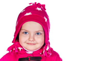 Girl in hat. Attractive girl with a sweet smile and blue eyes. Girl wearing pink warm hat und pink coat. Closeup portrait cut out onto a transparent background. PNG