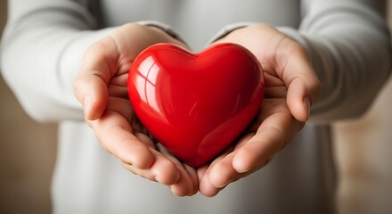 A person's hands gently cradle a shiny, red heart-shaped object, offering it to the viewer with a soft, focused presentation