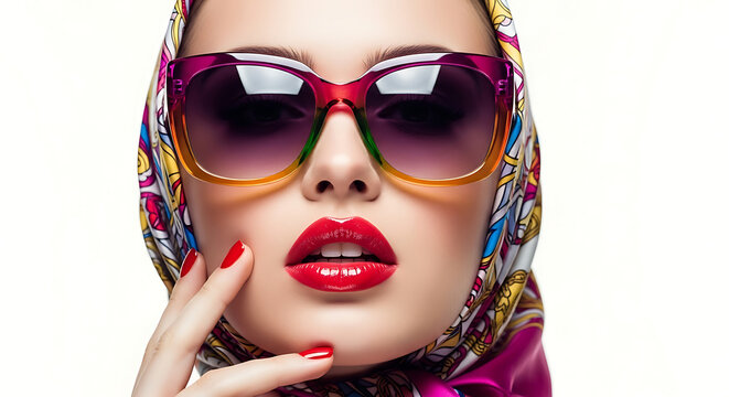 Woman with colorful headscarf and oversized sunglasses - Powered by Adobe