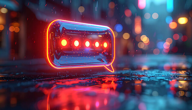 Neon Message Icon in City: a glowing neon message icon illuminated against a blurred urban background, creating a cyberpunk atmosphere. Capturing the essence of digital communication and connectivity.